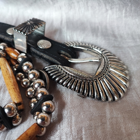 Buffalo Nickel Silver Tone Black Wood Silver Tone Ladies Belt TARNISHED Unsigned - Picture 11 of 13